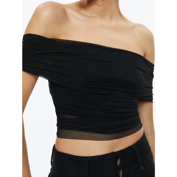 $250 ALICE AND OLIVIA ISADOLA TOP MESH OFF THE SHOULDER BLACK XL - Picture 1 of 4